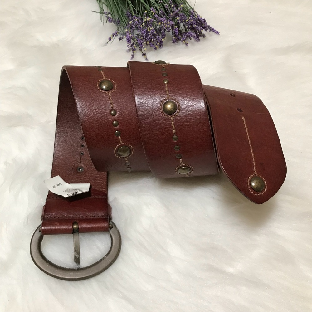 Fossil Brown Genuine Leather Studded Belt Boho Western Wide Belt Women M